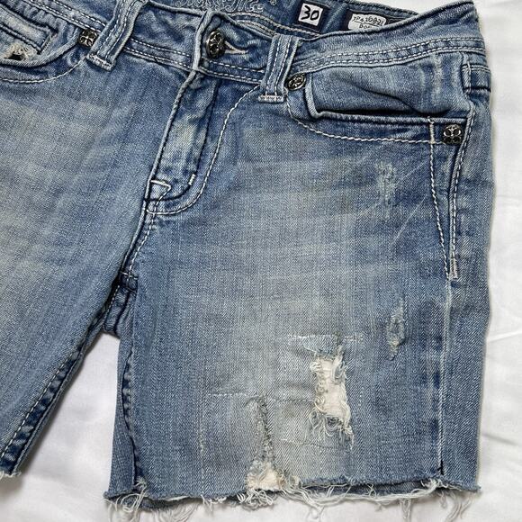 Miss Me Shorts Size 30 Blue Boot Cutoff Distressed Embellished Fleur-De-Lis Logo - Picture 3 of 11